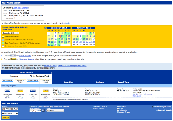Los Angeles - Melbourne Award Availability