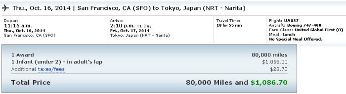 Lap child fee for a First class award ticket SFO-NRT