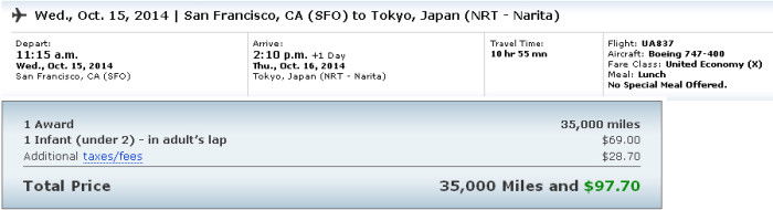 Lap child fee for an Economy award ticket SFO-NRT