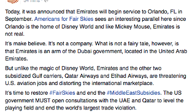 “Americans For Fair Skies” Chimes In On Emirates’ New Orlando Flight