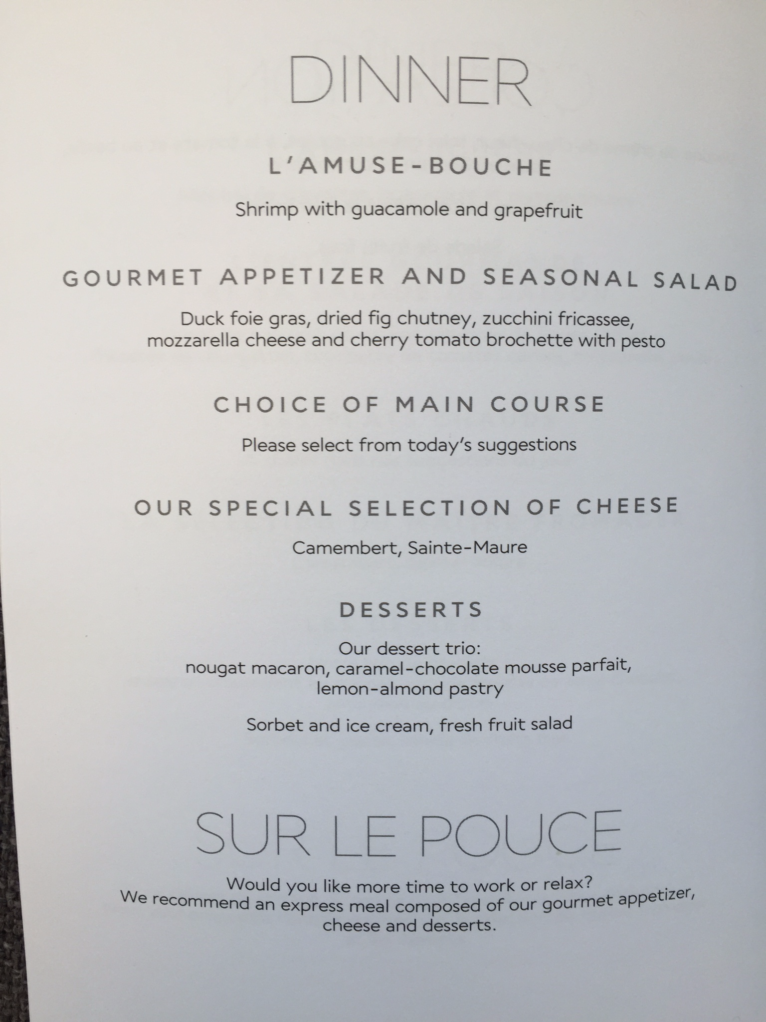Air France business class dinner menu