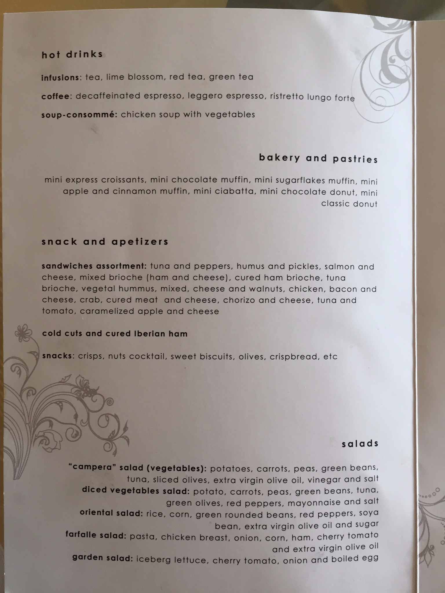 Madrid Barajas Airport VIP Lounge menu