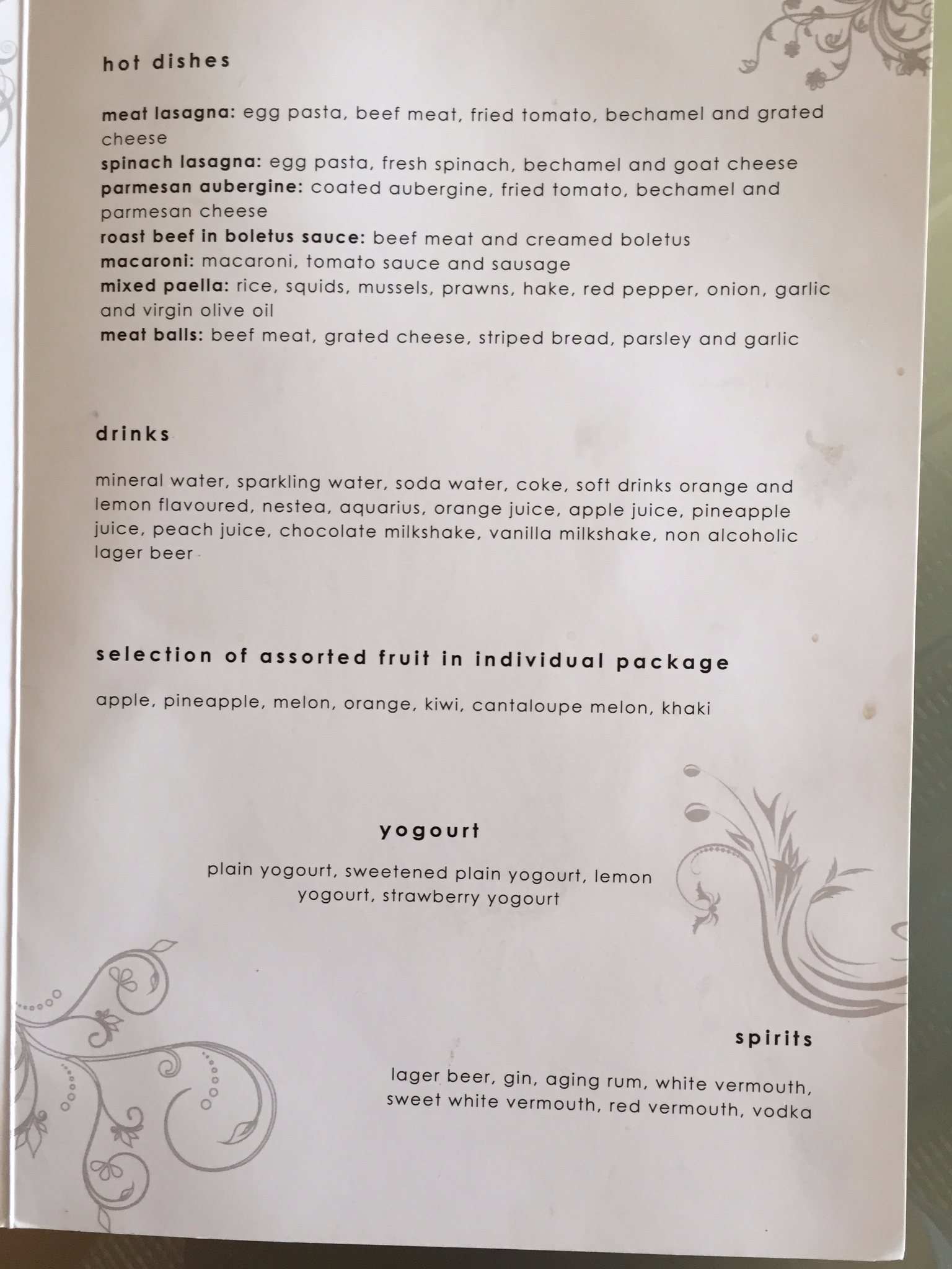 Madrid Barajas Airport VIP Lounge menu