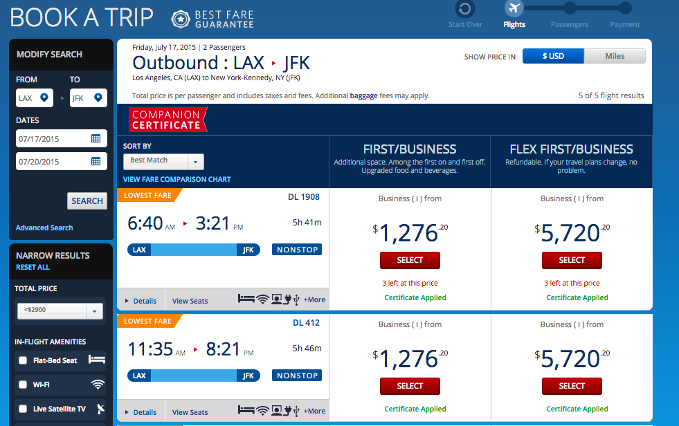 LAX to JFK in Delta One for 2 passengers: $1,276 using the Delta Reserve companion certificate