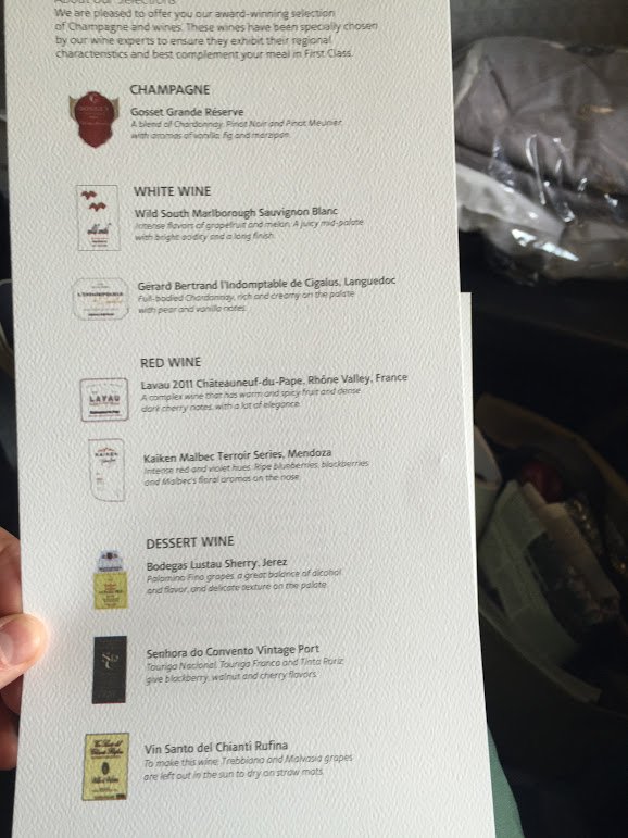 American Airlines First Class Dallas-Madrid wine list