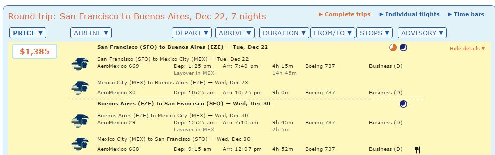 SFO-EZE, $1,385 in business class in the high season 