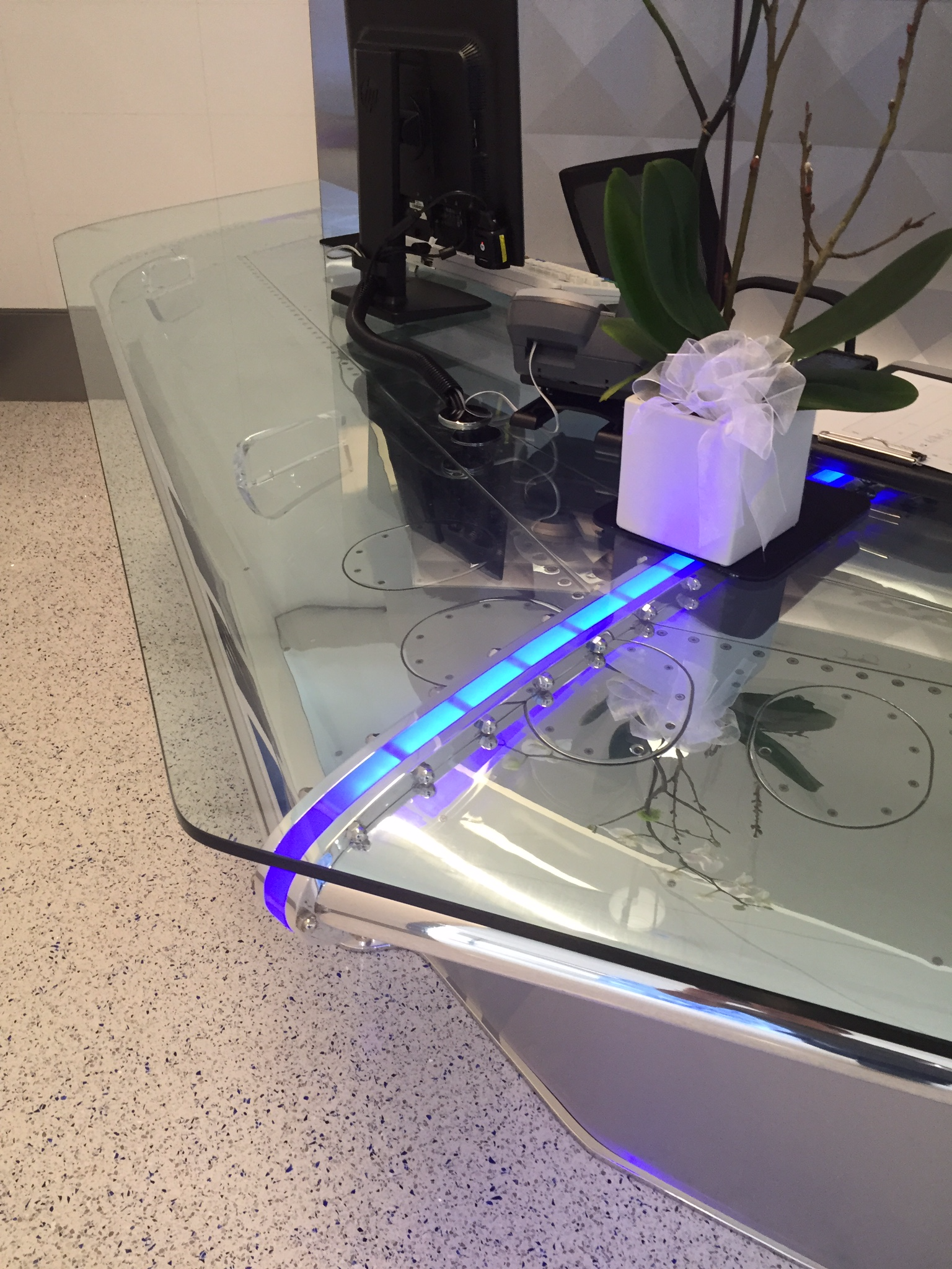 Check in table at Delta ONE Lounge at LAX, repurposed from an old airplane wing