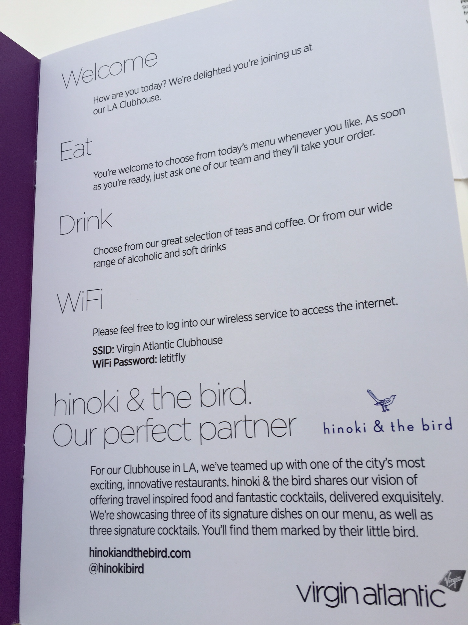 Virgin Atlantic Clubhouse LAX menu introduction