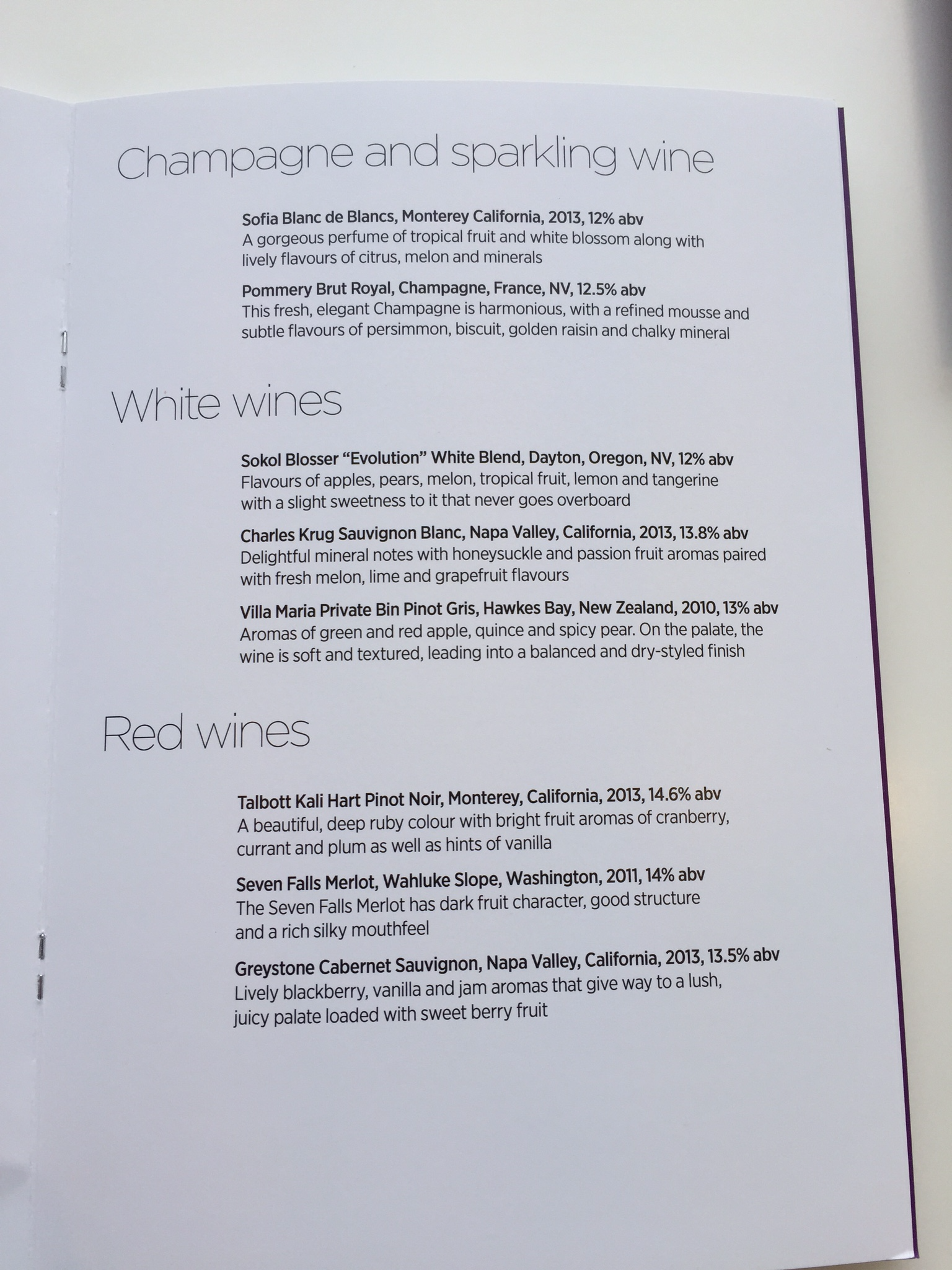 Virgin Atlantic Clubhouse LAX wine menu