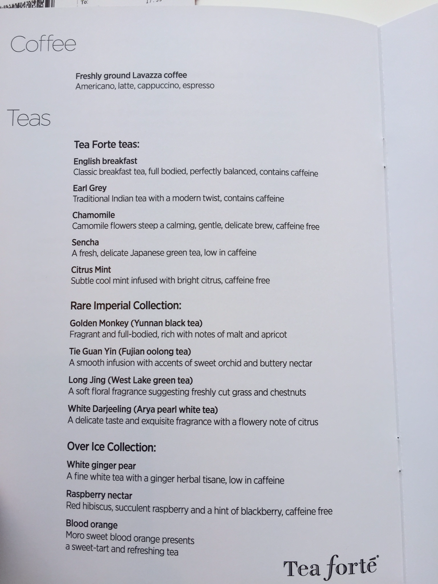 Coffee and tea menu