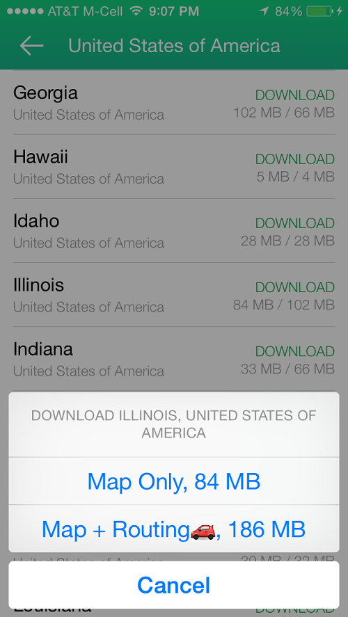 Download either just the map, or the ability to route