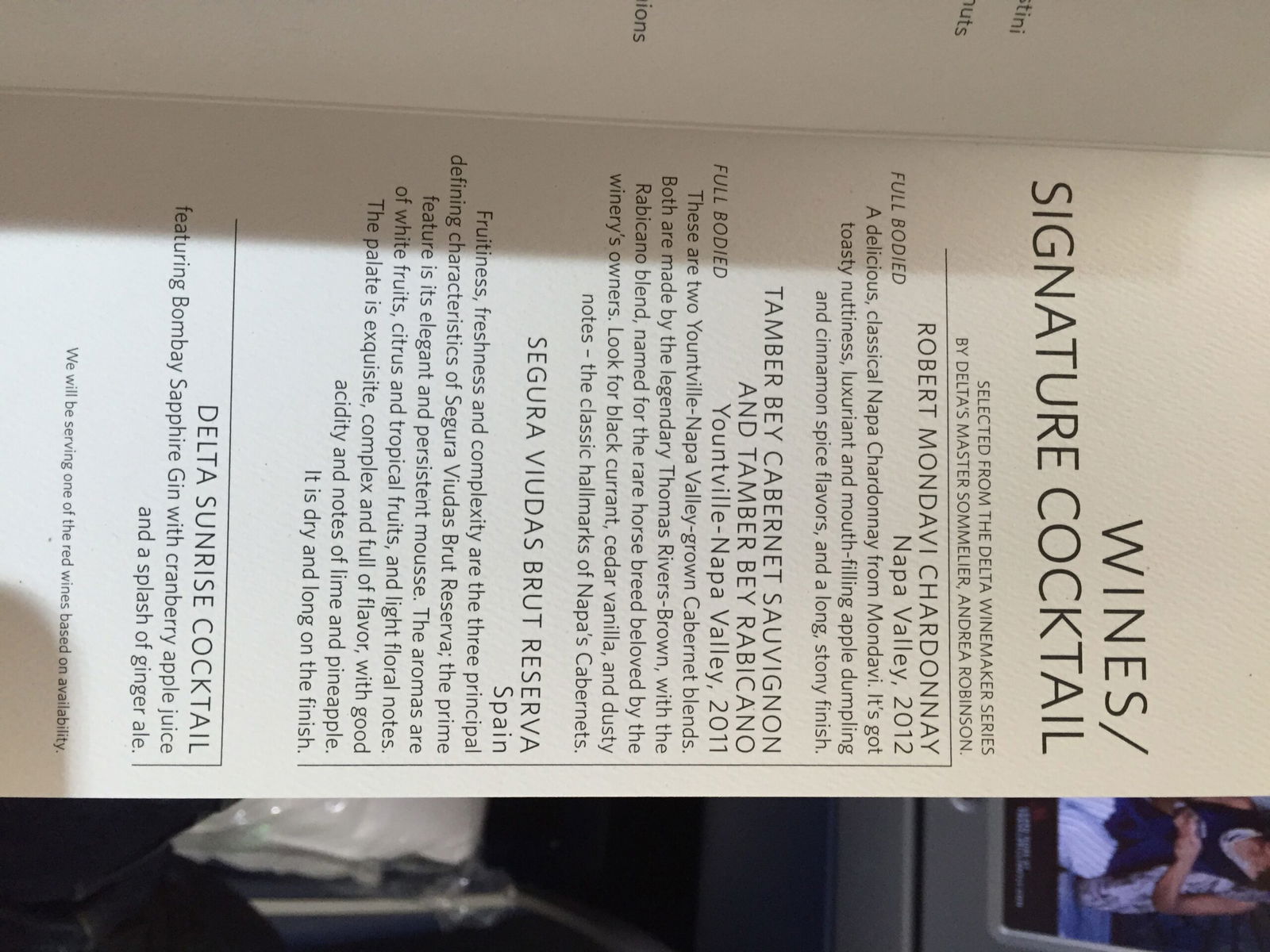 Delta One wine menu JFK-LAX