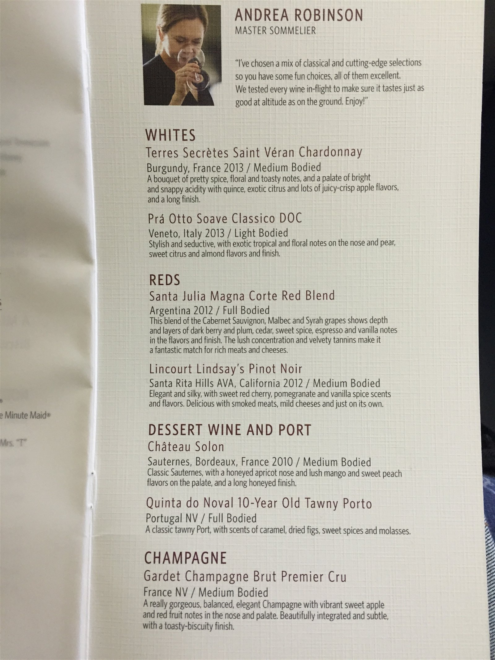Delta's wine list, except that they don't serve the Gardet on the ground - they serve cava instead