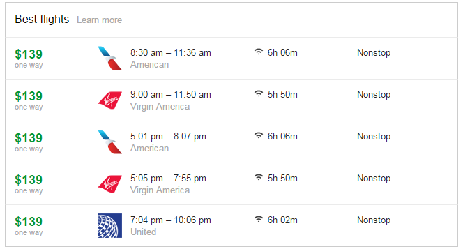 United, American, and Virgin all have the same $139 fare