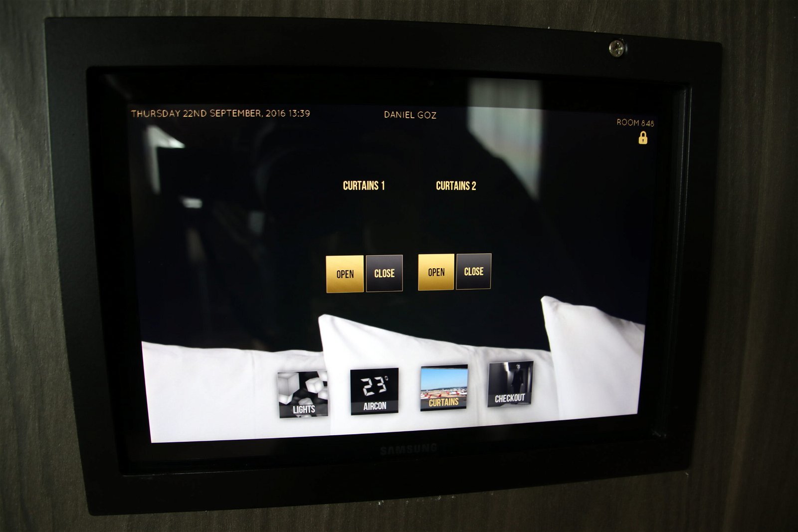 The in room tablet that controls lighting and check out.