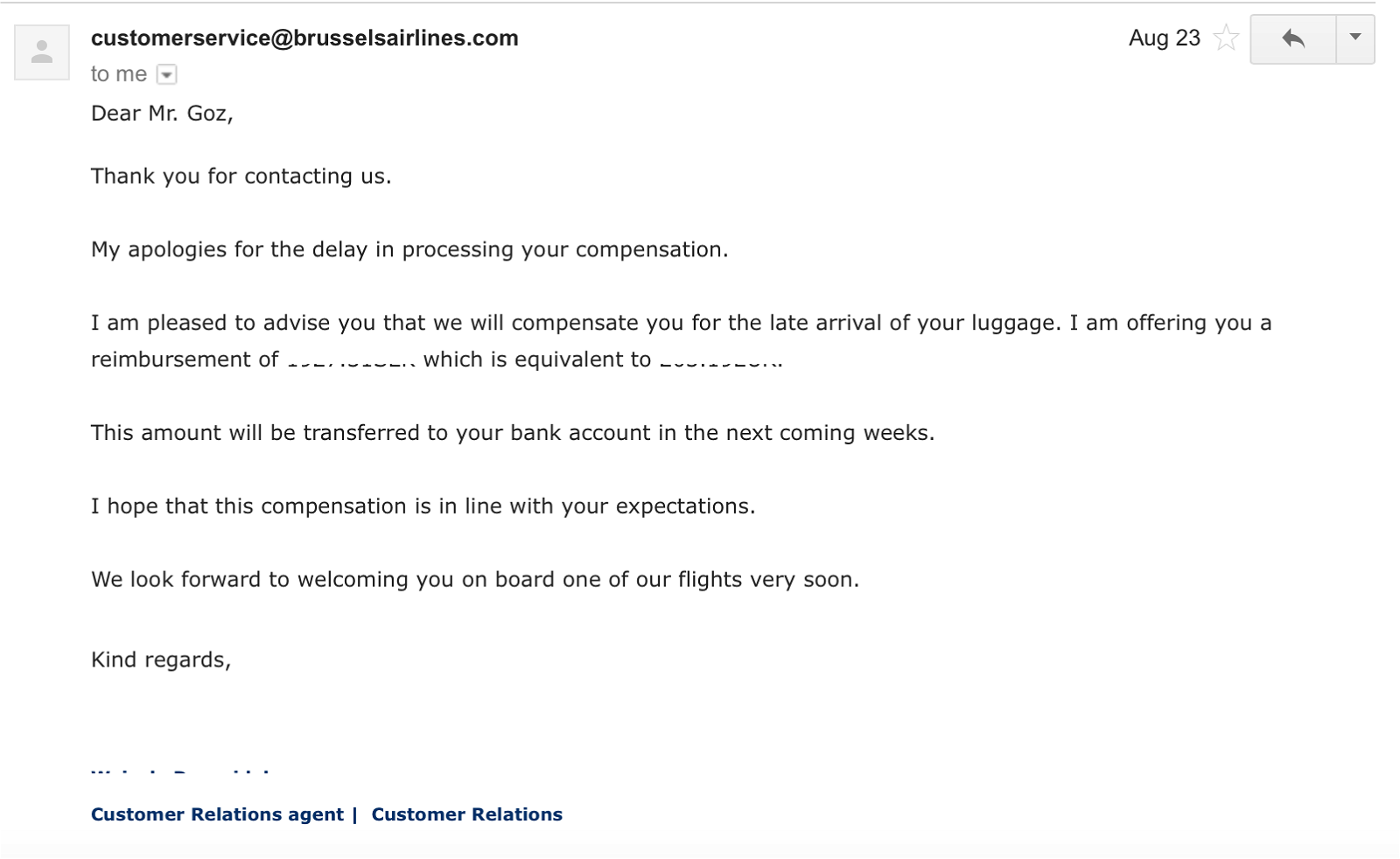 Brussels Airlines customer service response