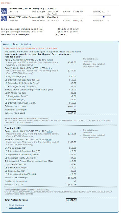 SFO TPE child fare