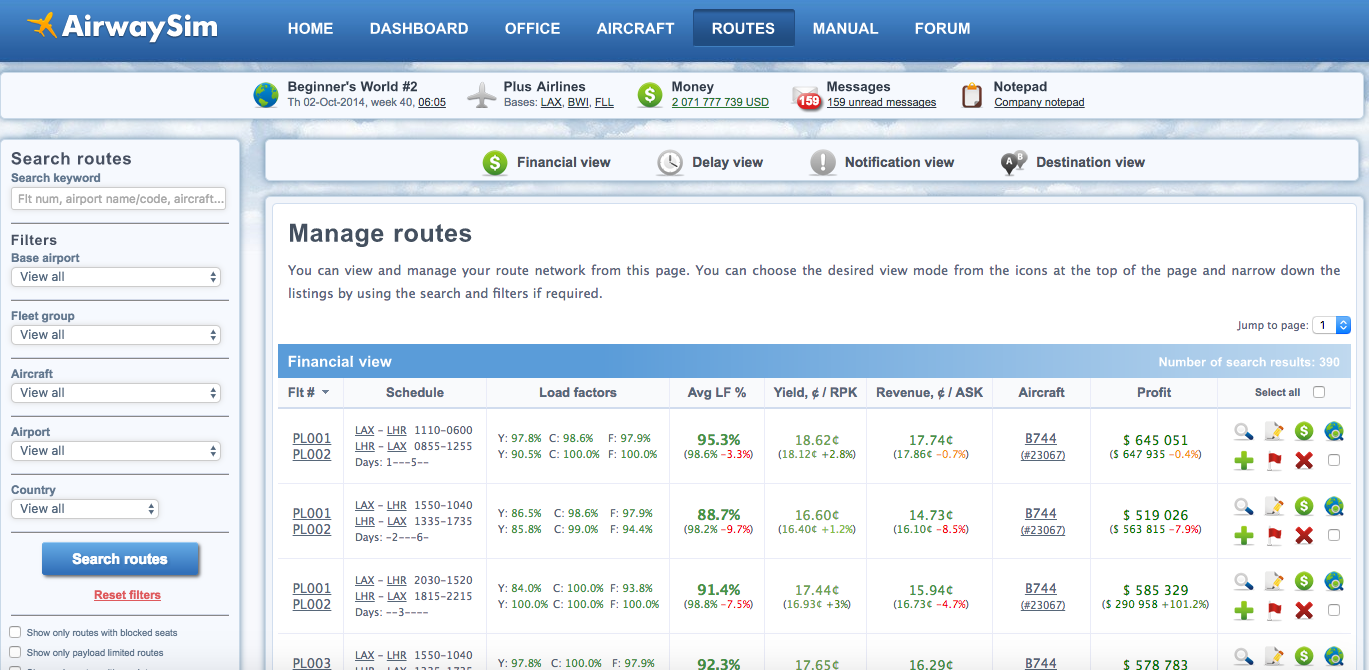 AirwaySim Manage Routes