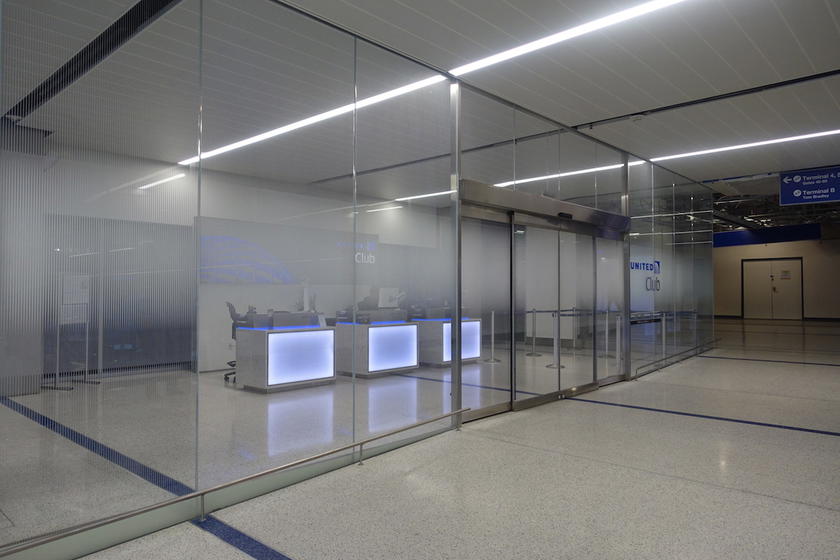 Seating area inside the United Club lounge at Los Angeles airport