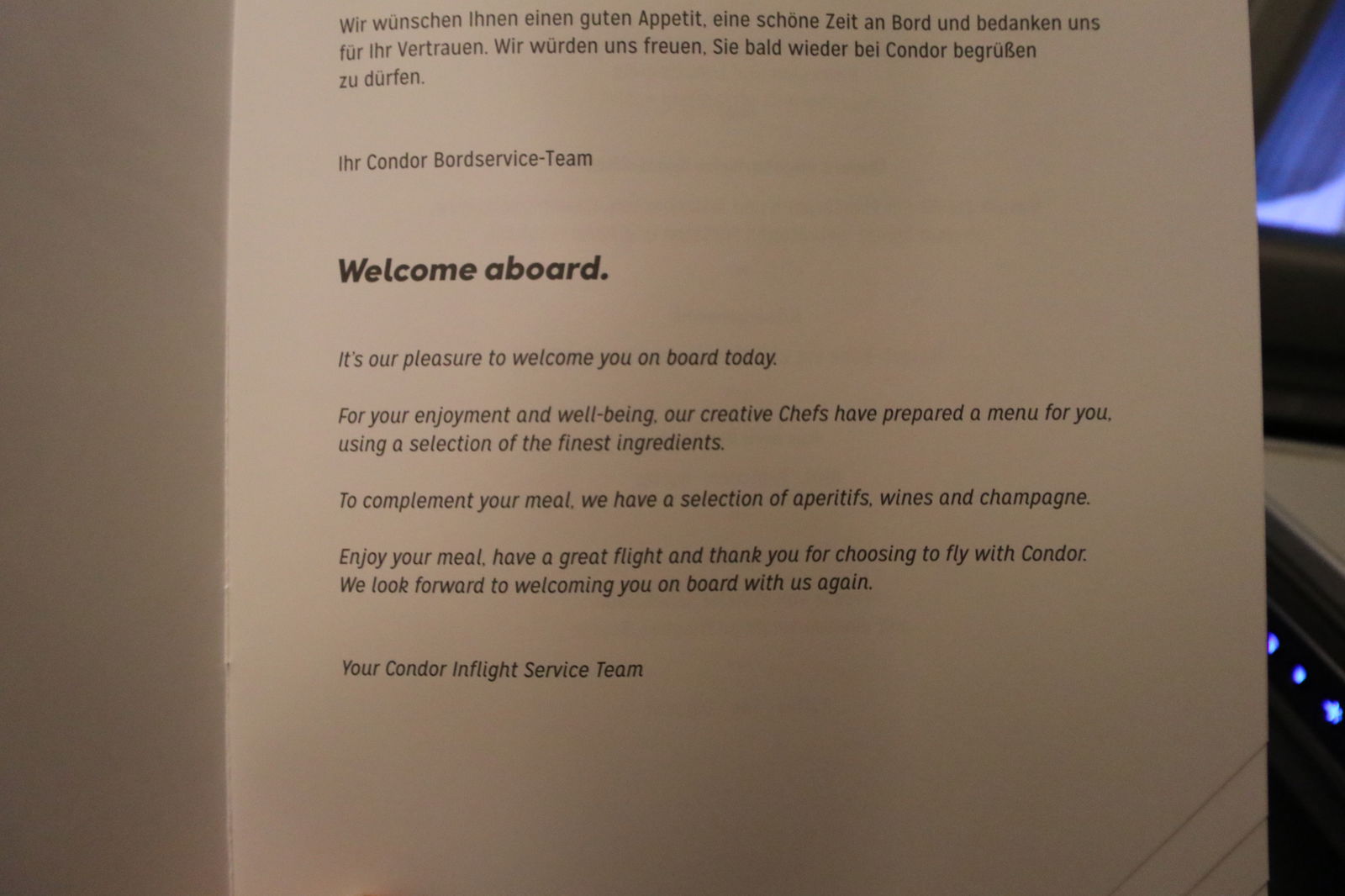 Condor Business Class Menu