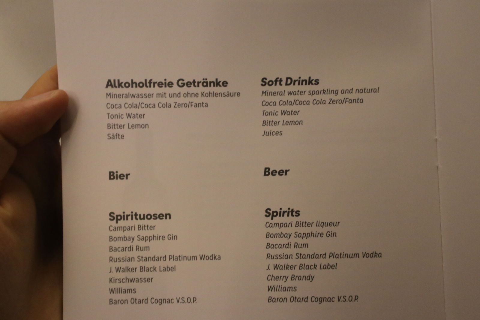 Condor Business Class Menu