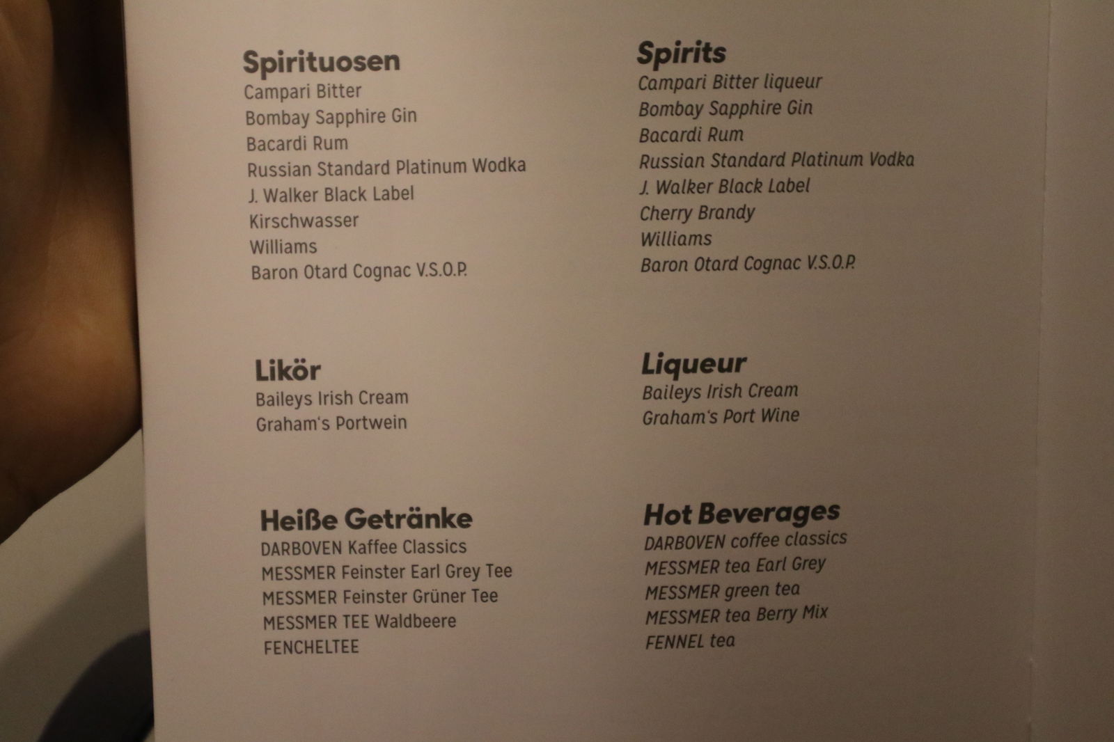 Condor Business Class Menu