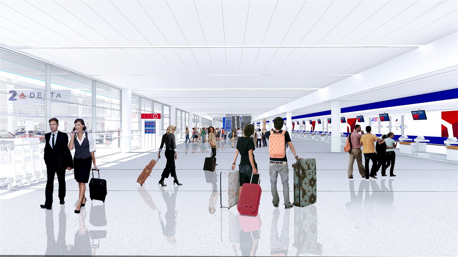 Delta's rendering of its Terminal 2 ticketing area, to be completed in 2021