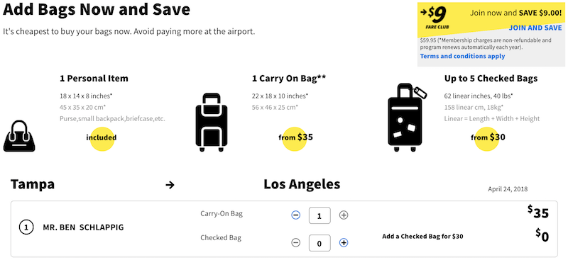 Spirit airlines bag sales fees 2018