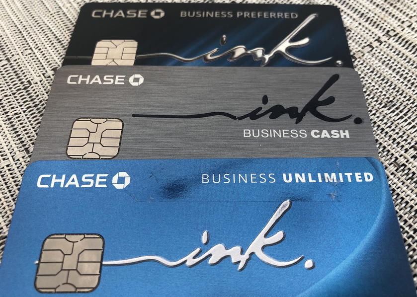 Several Chase business credit cards laid out together