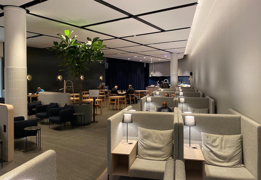 Seating area inside the Finnair Platinum Wing lounge in Helsinki