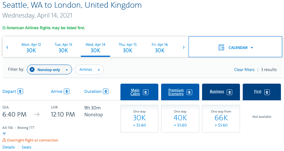 New American Airlines Seattle To London Flight One Mile at a Time