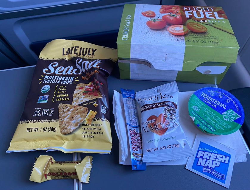A Delta Air Lines inflight snack box, an example of the purchases Delta Gold Amex cardholders can save on