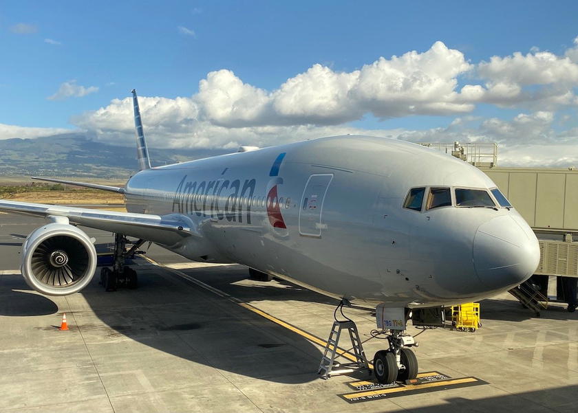 American Airlines Boeing 777 parked at the airport in Maui