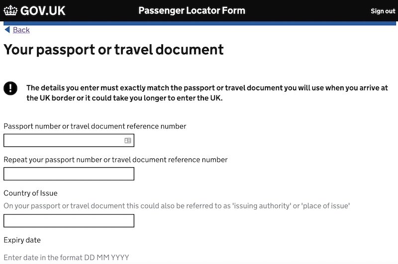 passenger locator form