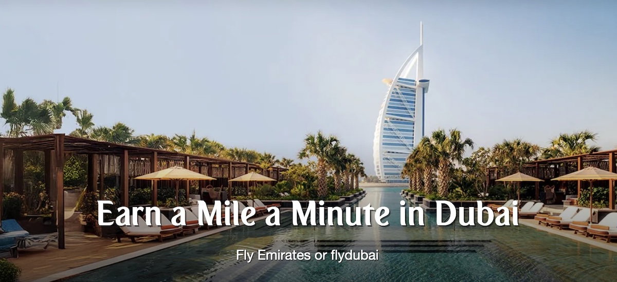 Emirates Skywards "Mile-A-Minute" promotion graphic offering one mile for every minute spent in Dubai