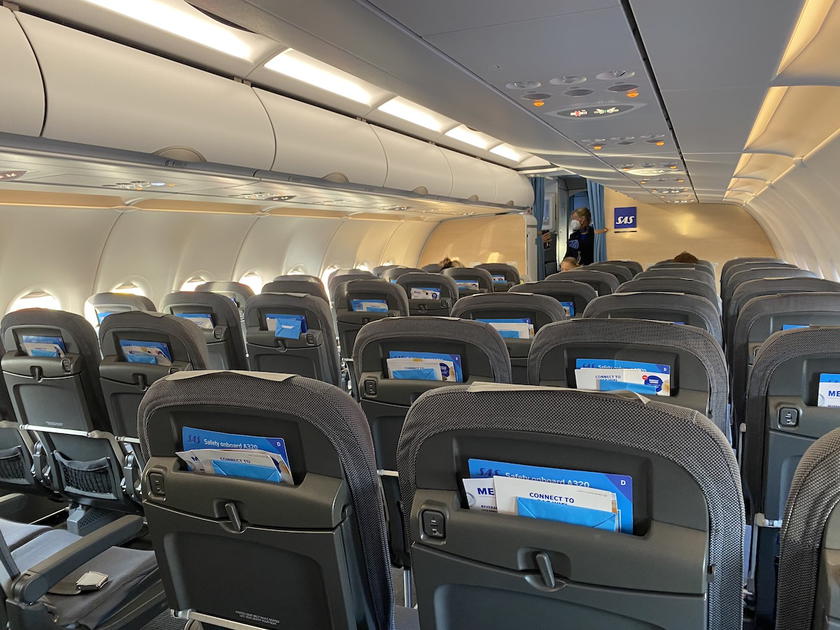 Interior cabin of an SAS Airbus A320neo aircraft