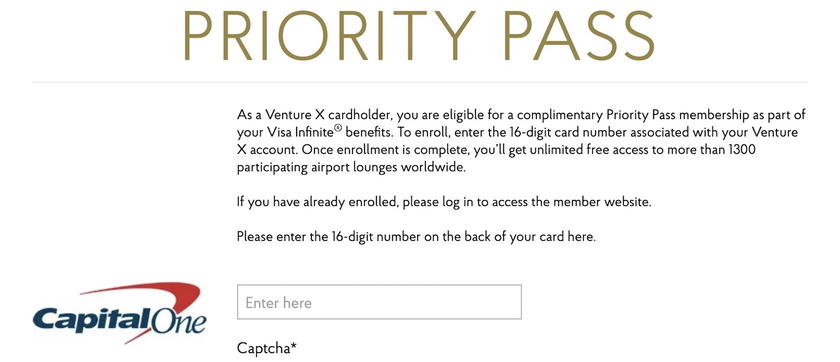 Priority Pass sign-up page asking for a Capital One Venture X card number