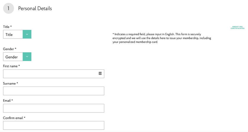 Priority Pass account registration form asking for personal details and address