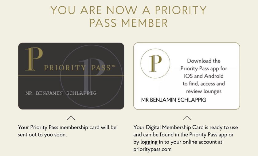 Confirmation screen showing the digital Priority Pass card after enrollment