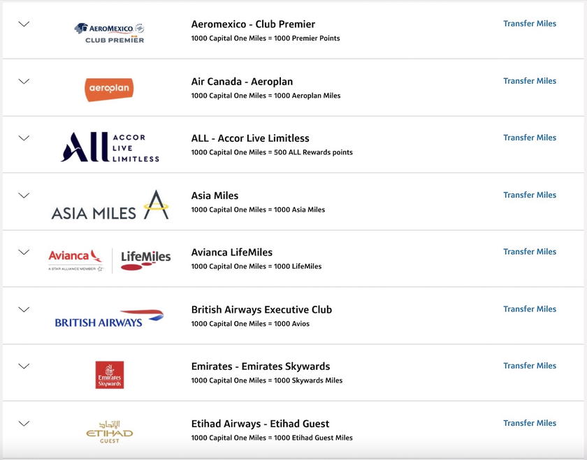 List of Capital One airline and hotel transfer partners with Transfer Miles buttons