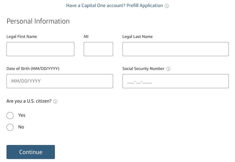 Venture X application page asking for name, date of birth and Social Security number