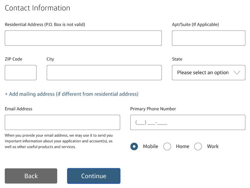 Venture X application page asking for mailing address, email address and phone number