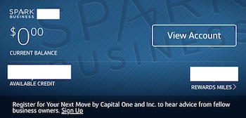 Capital One account dashboard with the Rewards Miles button under the mileage balance