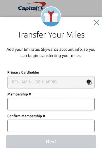 Capital One transfer form with cardholder name prefilled and a field for the partner membership number