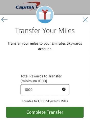 Capital One page for choosing how many miles to transfer to a partner program