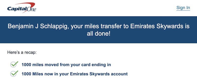 Email confirming that a Capital One miles transfer was completed