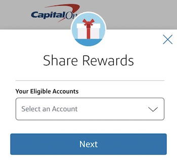 Capital One page listing other card accounts that miles can be moved to