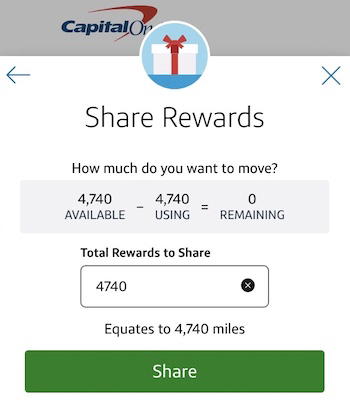 Capital One page for entering how many miles to move between card accounts