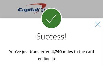 Capital One account showing the moved miles now in the receiving card's balance