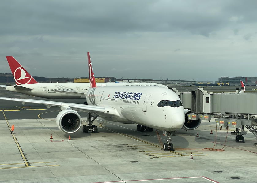 Turkish Airlines A350 and 777 aircraft on the tarmac